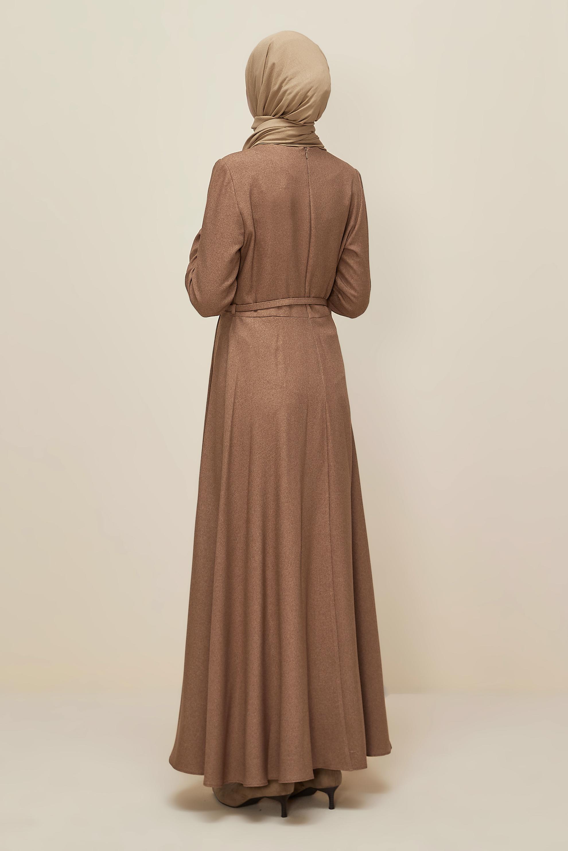 Tesettür giyim TABA CEKET GÖRÜNÜMLÜ KEMERLİ ELBİSE 45988