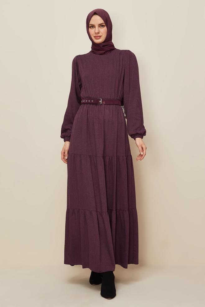 Hijab clothing CLARET RED BELTED CREW-NECK DRESS 46014 - ALVİNA
