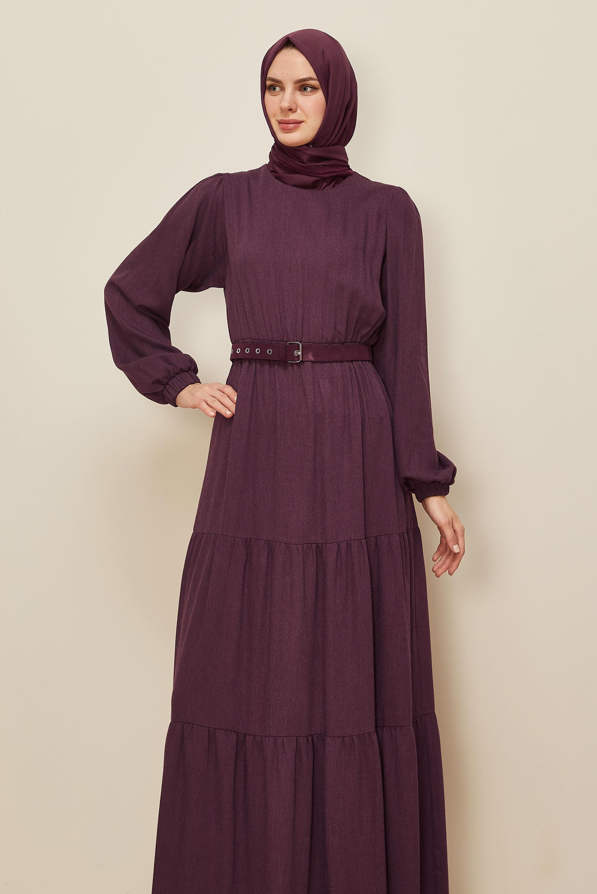 Hijab clothing CLARET RED BELTED CREW-NECK DRESS 46014