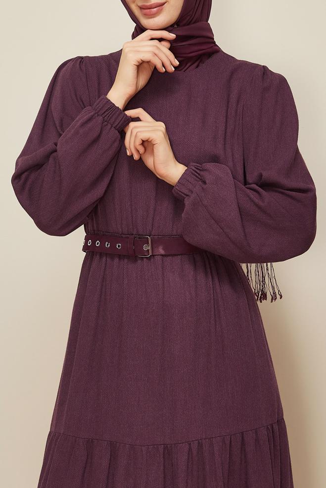 Hijab clothing CLARET RED BELTED CREW-NECK DRESS 46014 - ALVİNA