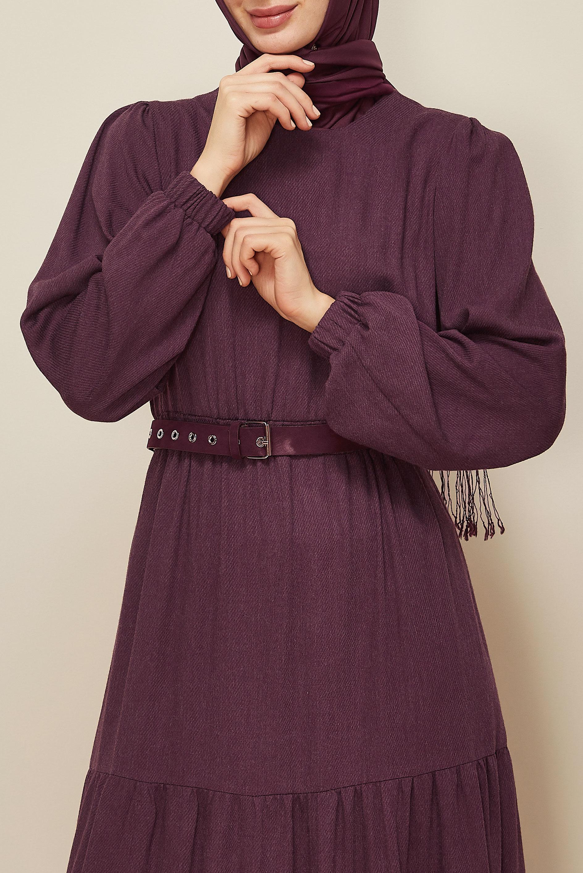 Hijab clothing CLARET RED BELTED CREW-NECK DRESS 46014