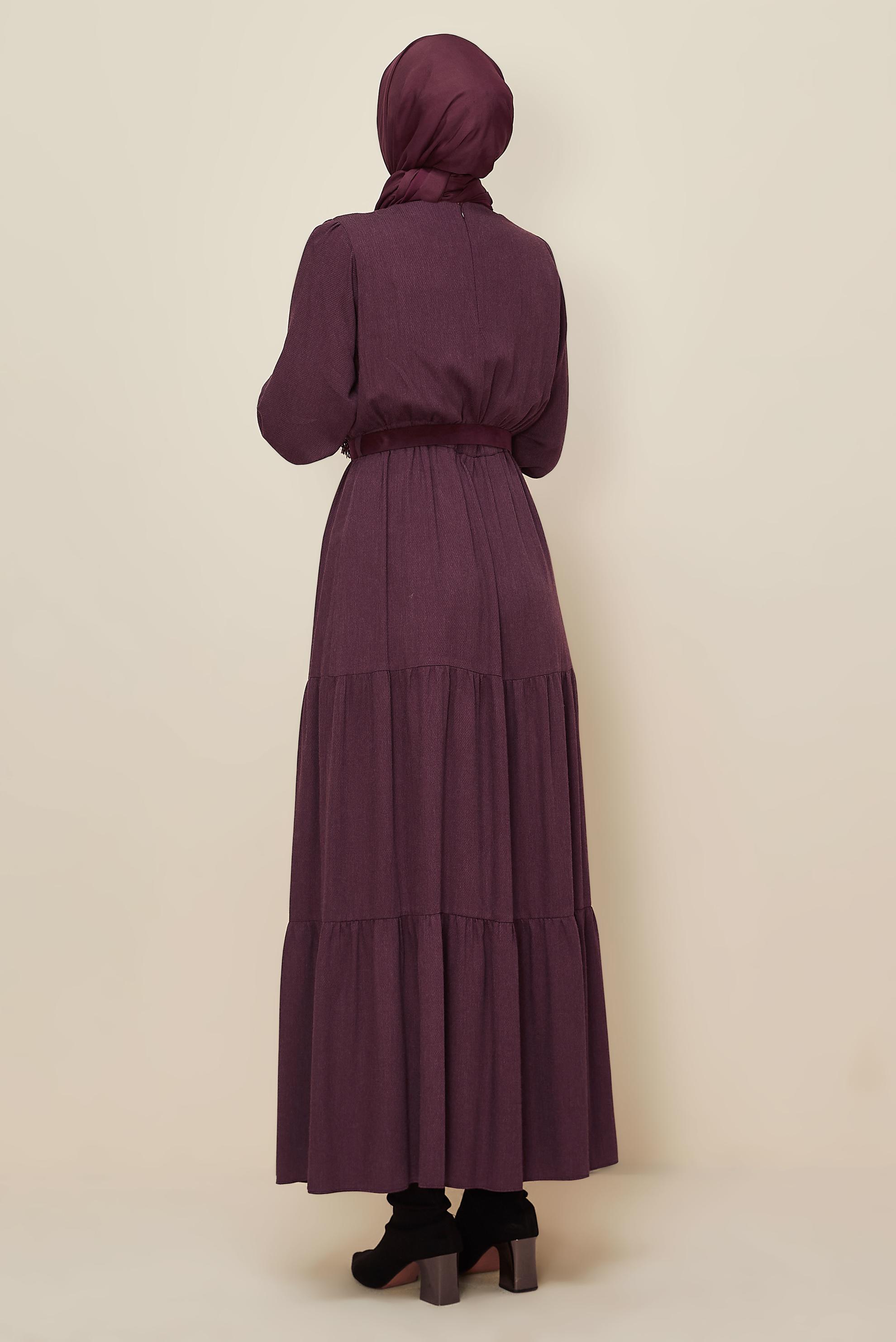 Hijab clothing CLARET RED BELTED CREW-NECK DRESS 46014