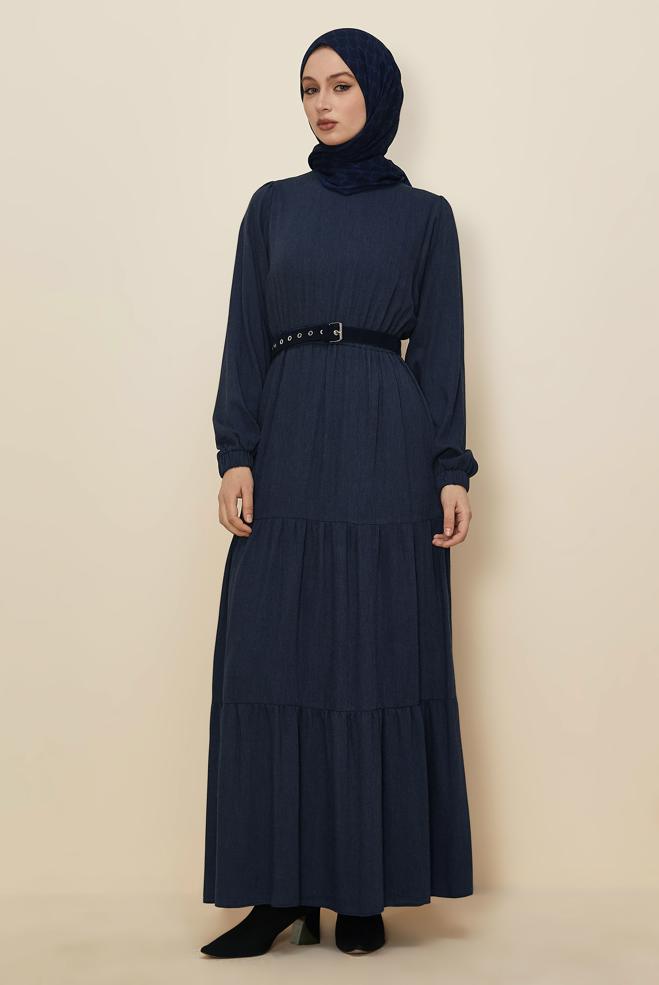Hijab clothing NAVY BLUE BELTED CREW-NECK DRESS 46014 - ALVİNA