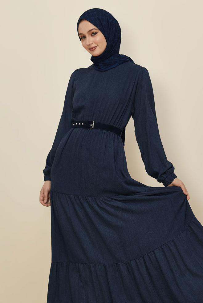 Hijab clothing NAVY BLUE BELTED CREW-NECK DRESS 46014 - ALVİNA