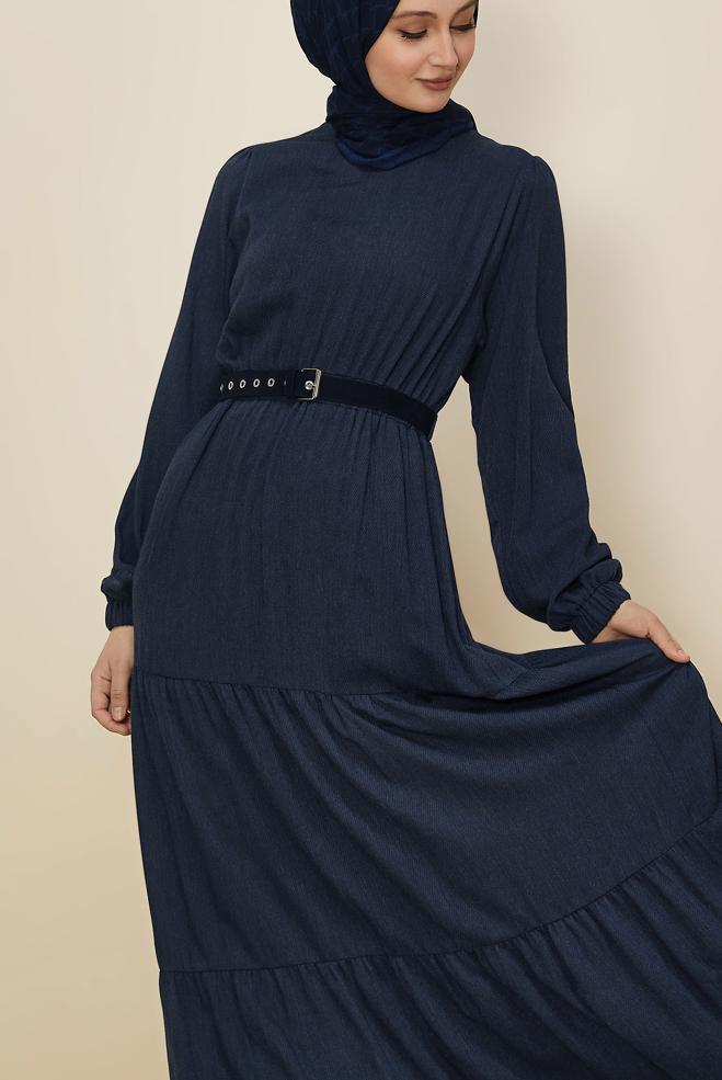 Hijab clothing NAVY BLUE BELTED CREW-NECK DRESS 46014 - ALVİNA