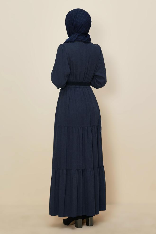 Hijab clothing NAVY BLUE BELTED CREW-NECK DRESS 46014 - ALVİNA