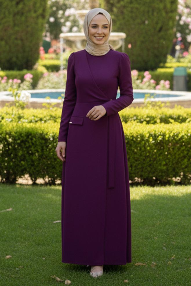 Tesettür giyim MOR BİSİKLET YAKA KEMERLİ ELBİSE 46016 - ALVİNA