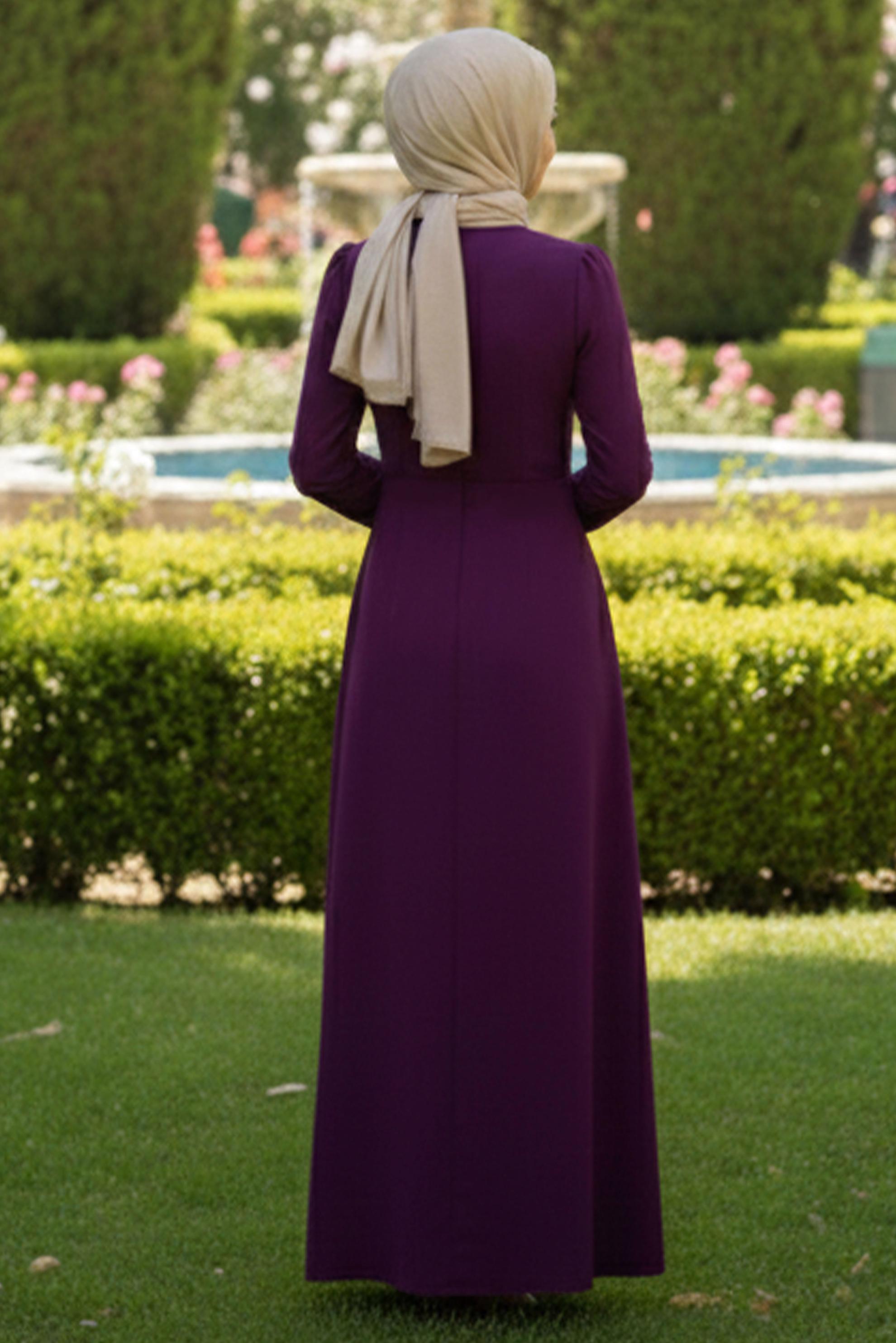 Tesettür giyim MOR BİSİKLET YAKA KEMERLİ ELBİSE 46016