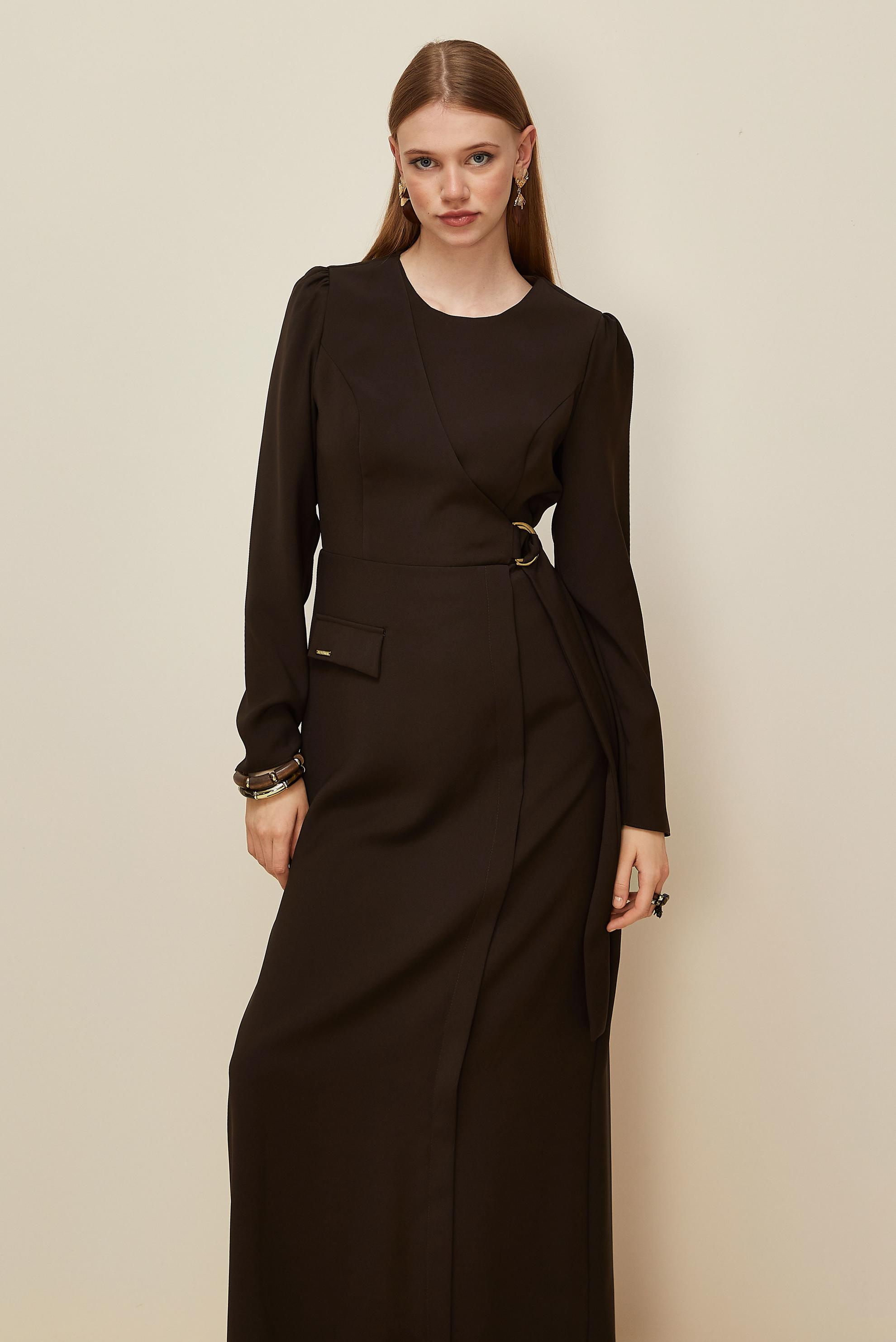 Tesettür giyim KAHVE BİSİKLET YAKA KEMERLİ ELBİSE 46016