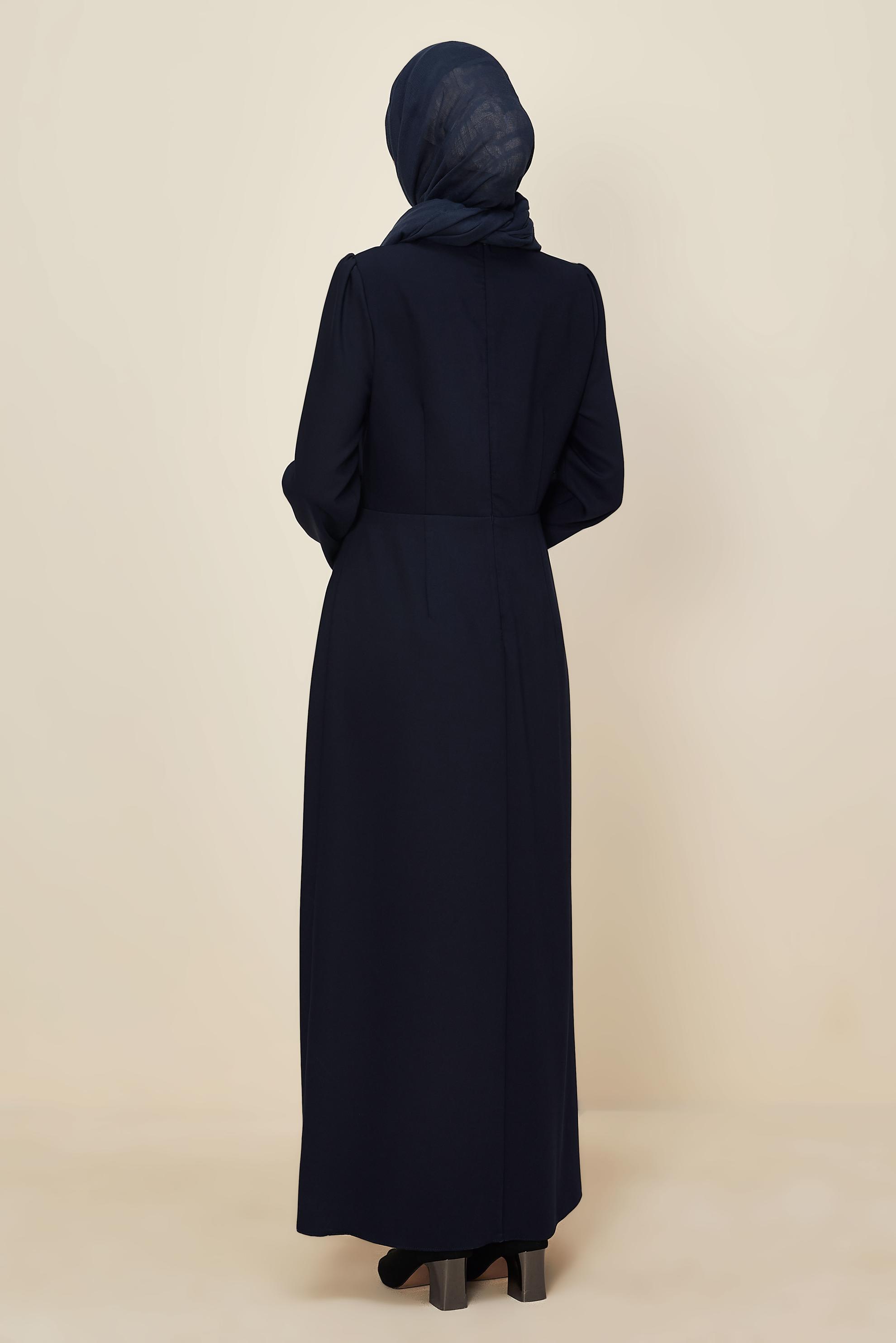 Tesettür giyim LACİVERT BİSİKLET YAKA KEMERLİ ELBİSE 46016