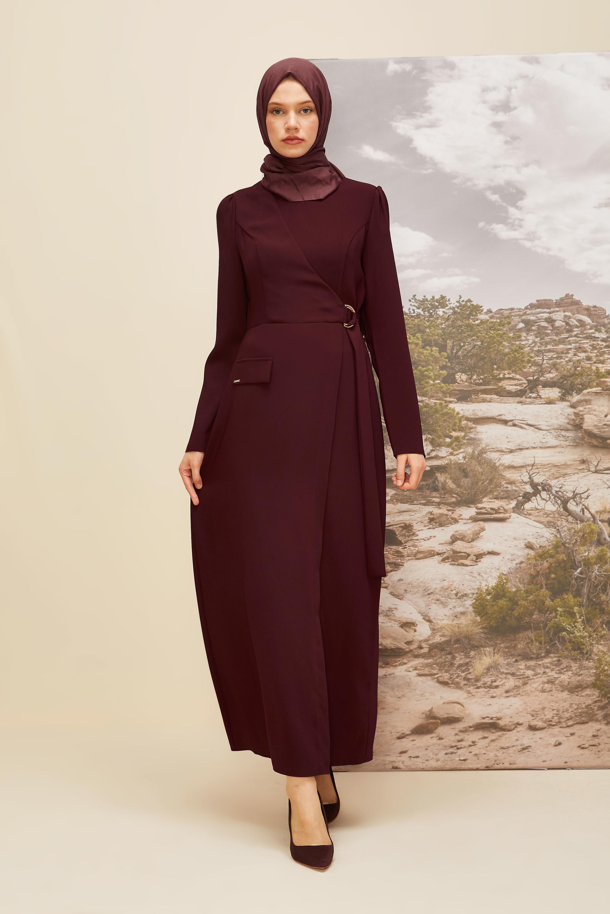 Tesettür giyim MOR BİSİKLET YAKA KEMERLİ ELBİSE 46016