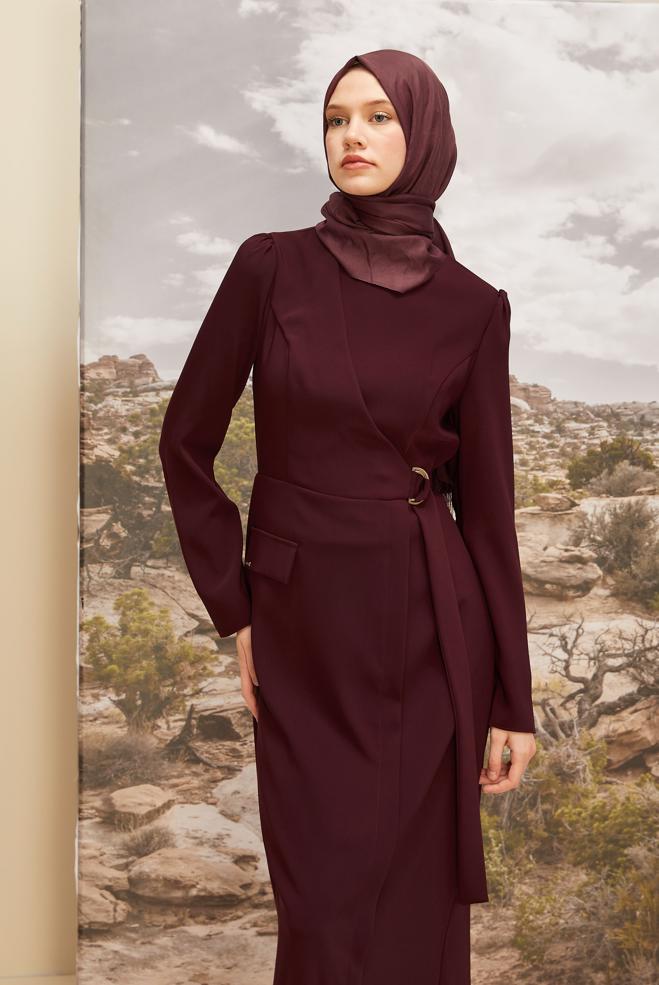 Vêtements hijab BEIGE ROBE À COL ROND 46016 - ALVİNA