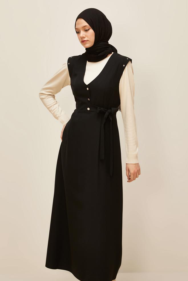 Vêtements hijab NOIR ROBE TABLIER BOUTONNÉE 46017 - ALVİNA