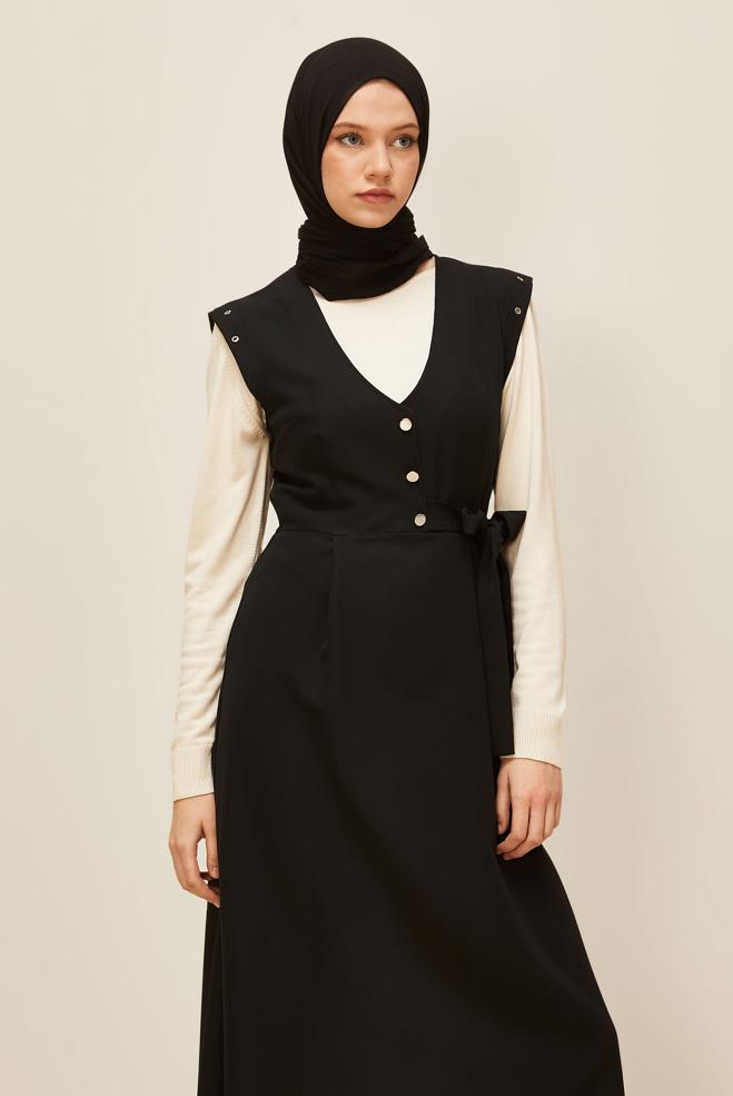 Vêtements hijab NOIR ROBE TABLIER BOUTONNÉE 46017 - ALVİNA