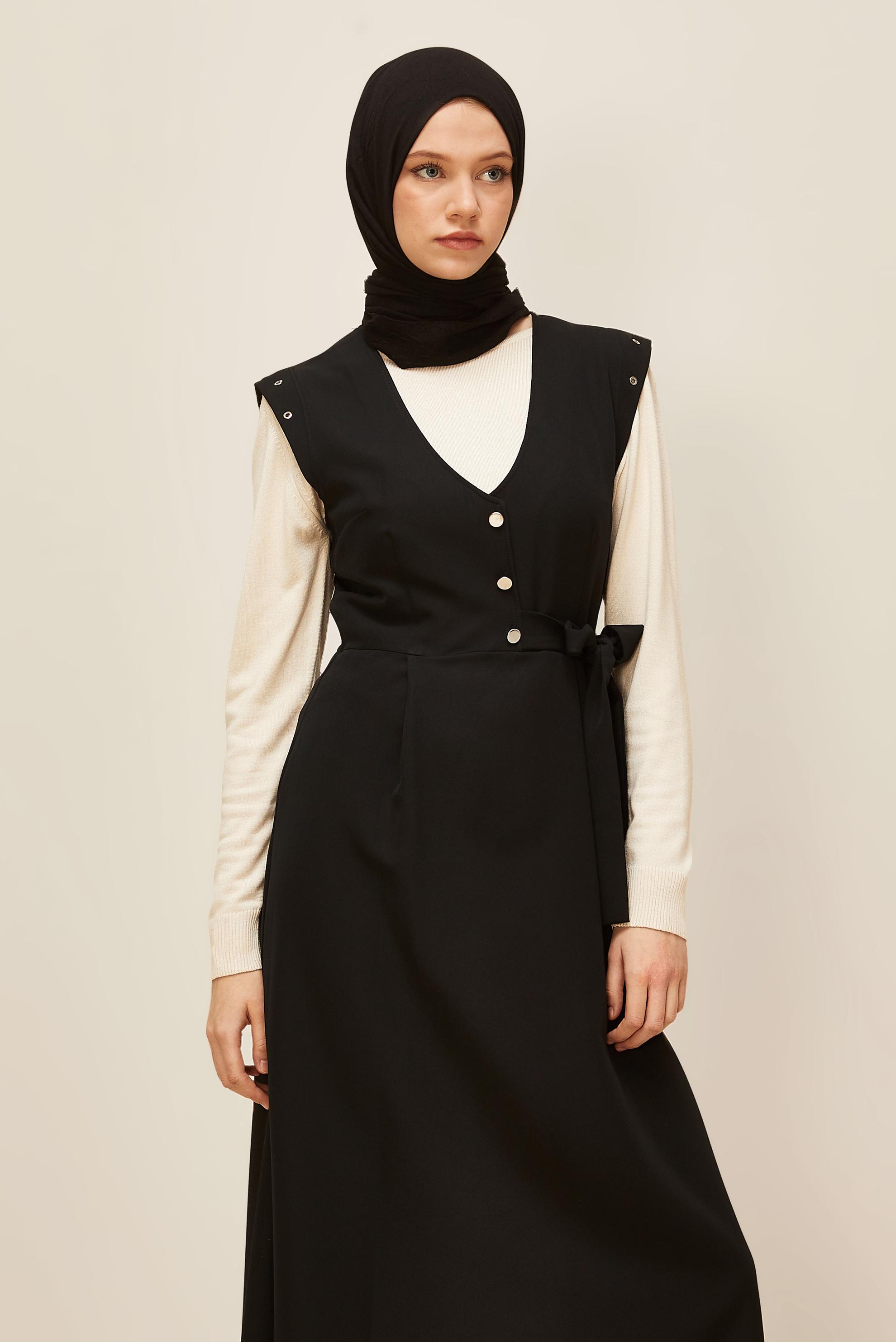 Tesettür giyim SİYAH DÜĞMELİ JİLE ELBİSE 46017