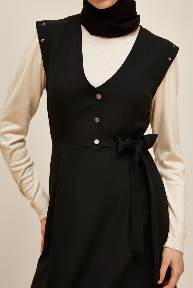 Vêtements hijab NOIR ROBE TABLIER BOUTONNÉE 46017 - ALVİNA