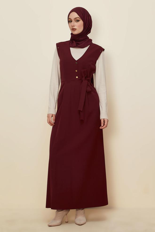 Hijab clothing CLARET RED BUTTONED PINAFORE DRESS 46017 - ALVİNA