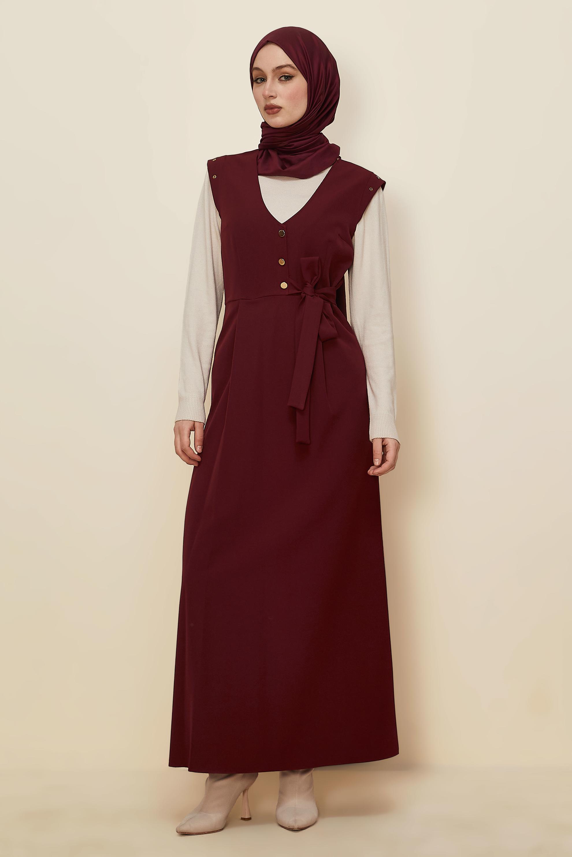 Hijab clothing CLARET RED BUTTONED PINAFORE DRESS 46017