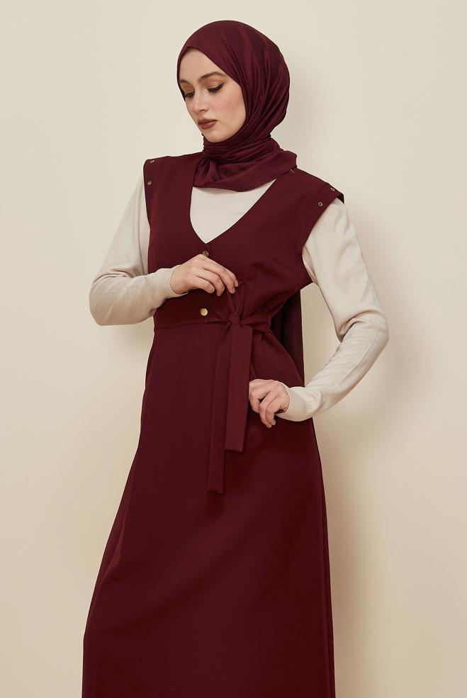 Hijab clothing CLARET RED BUTTONED PINAFORE DRESS 46017 - ALVİNA