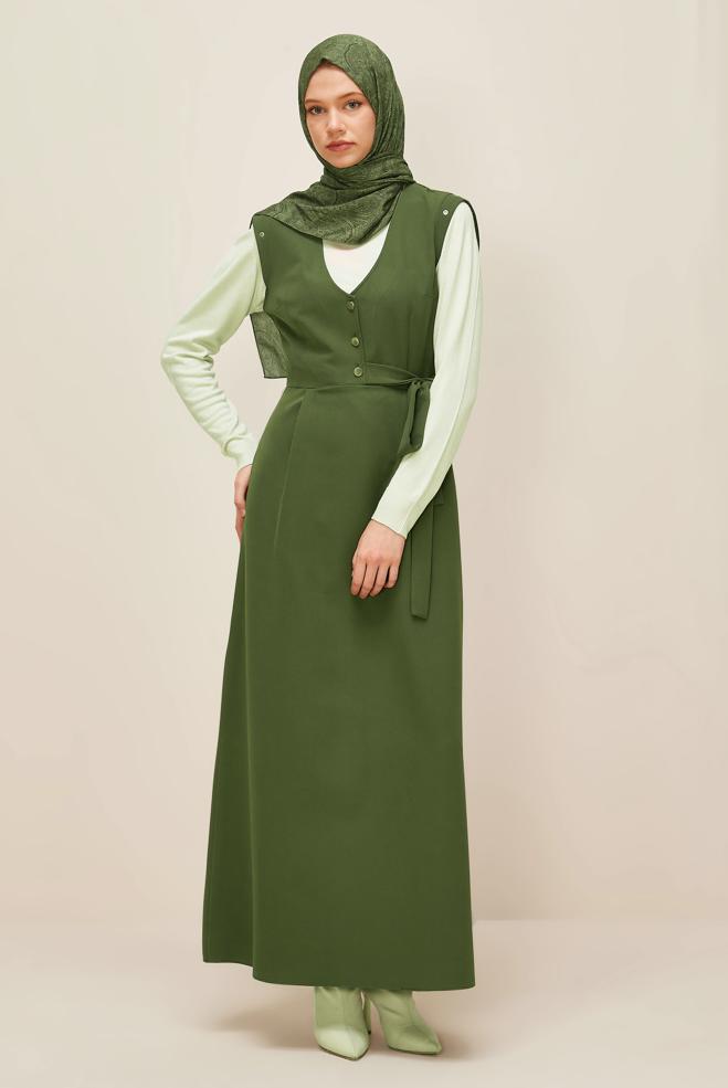 Vêtements hijab KAKI ROBE TABLIER BOUTONNÉE 46017 - ALVİNA