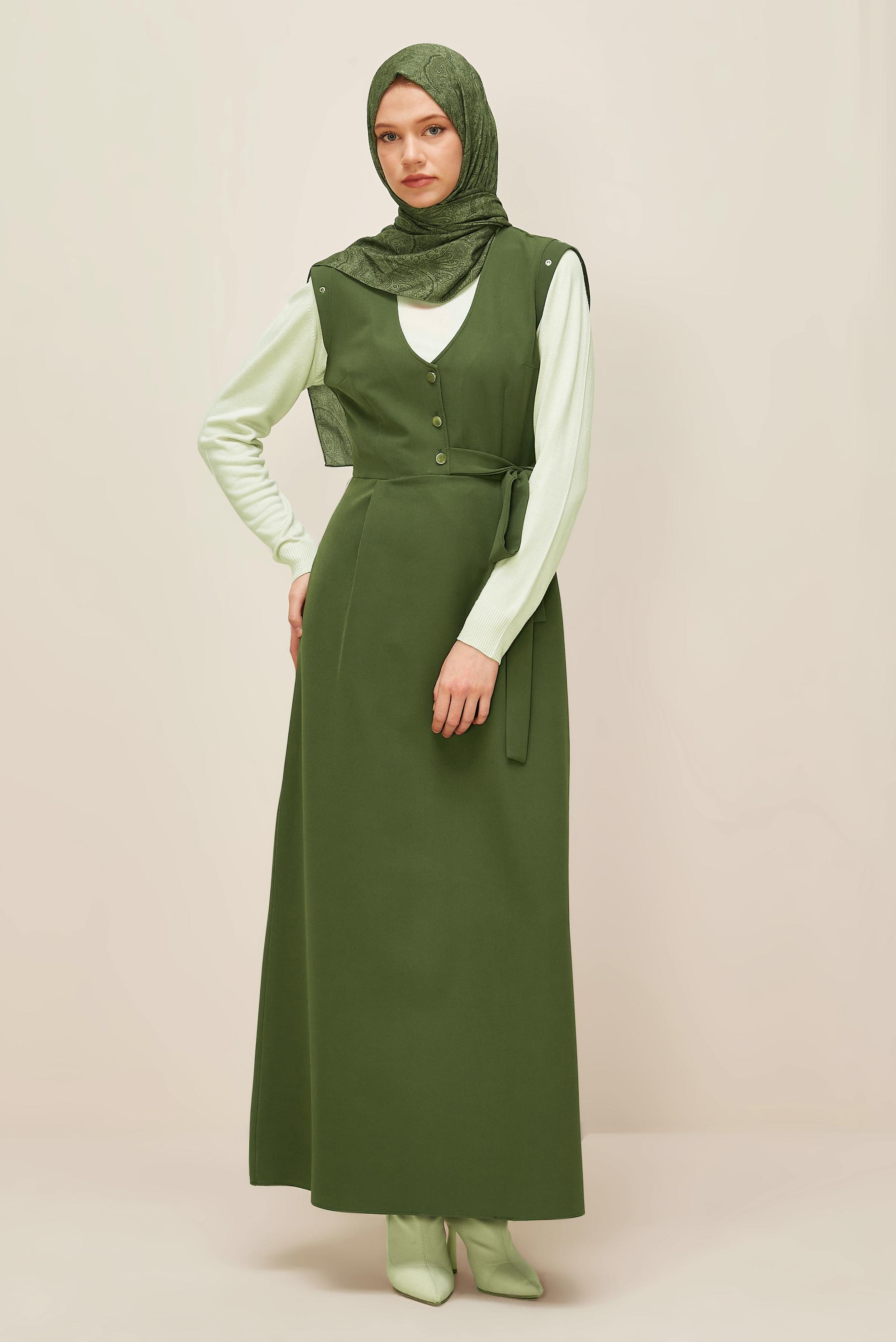 Tesettür giyim HAKİ DÜĞMELİ JİLE ELBİSE 46017