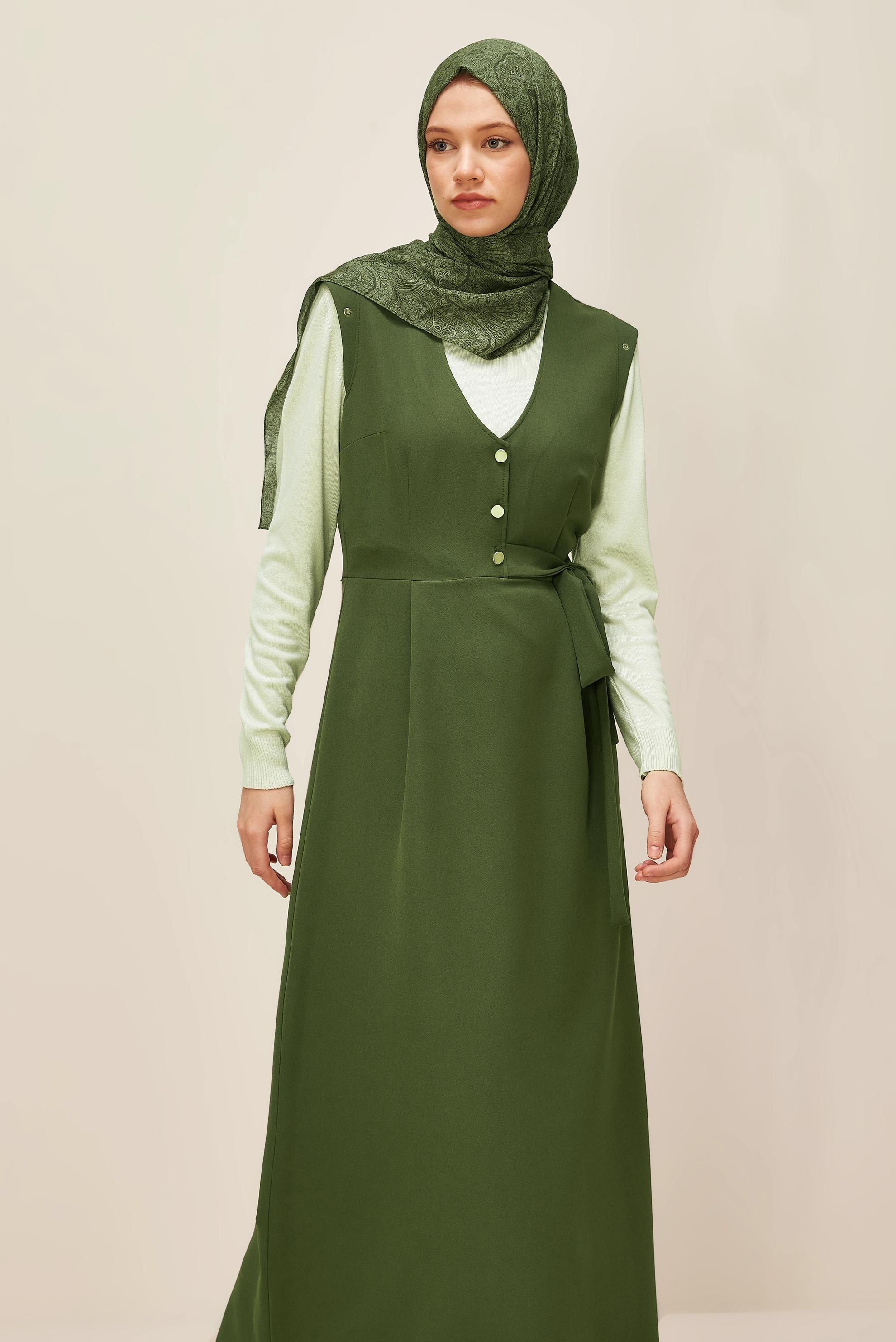 Tesettür giyim HAKİ DÜĞMELİ JİLE ELBİSE 46017