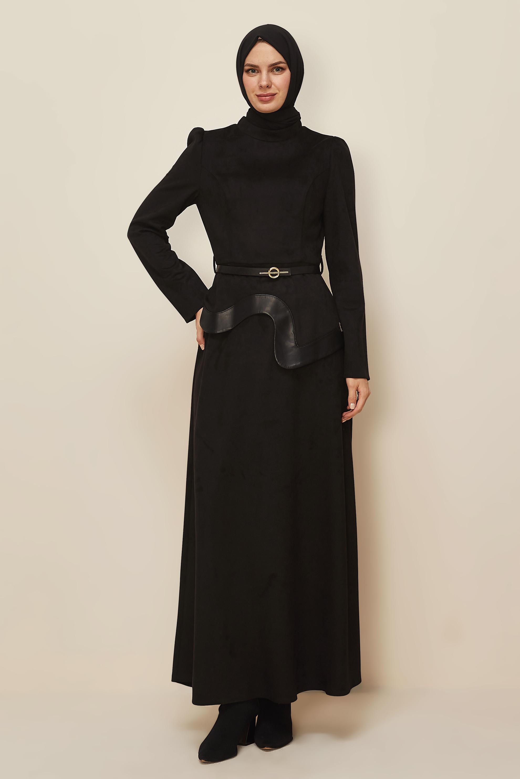 Tesettür giyim SİYAH 46025 EDNA SÜET ELBİSE 38-44 TEK40