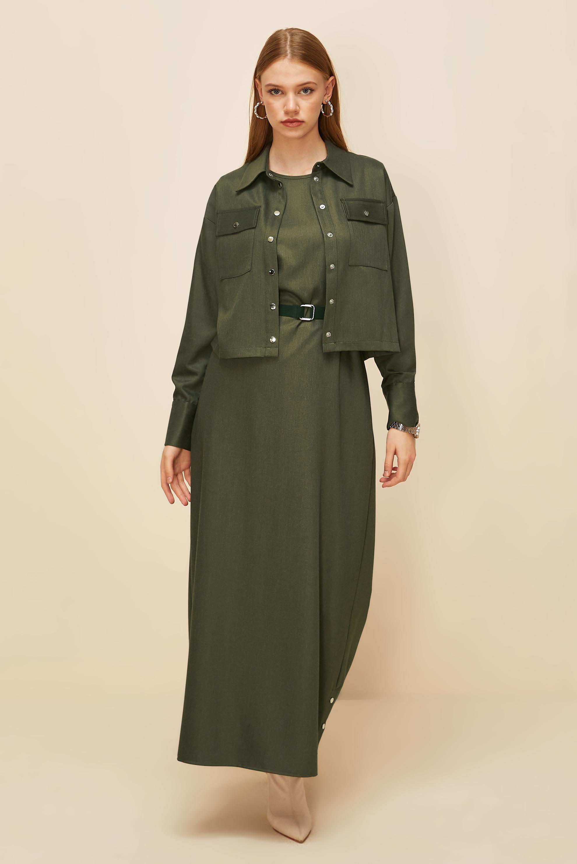 Tesettür giyim HAKİ CEKETLİ KEMERLİ ELBİSELİ TAKIM 46030