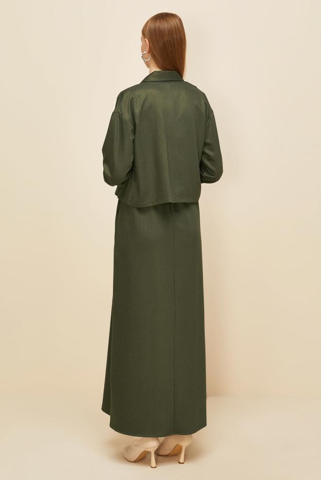 Tesettür giyim HAKİ CEKETLİ KEMERLİ ELBİSELİ TAKIM 46030 - ALVİNA