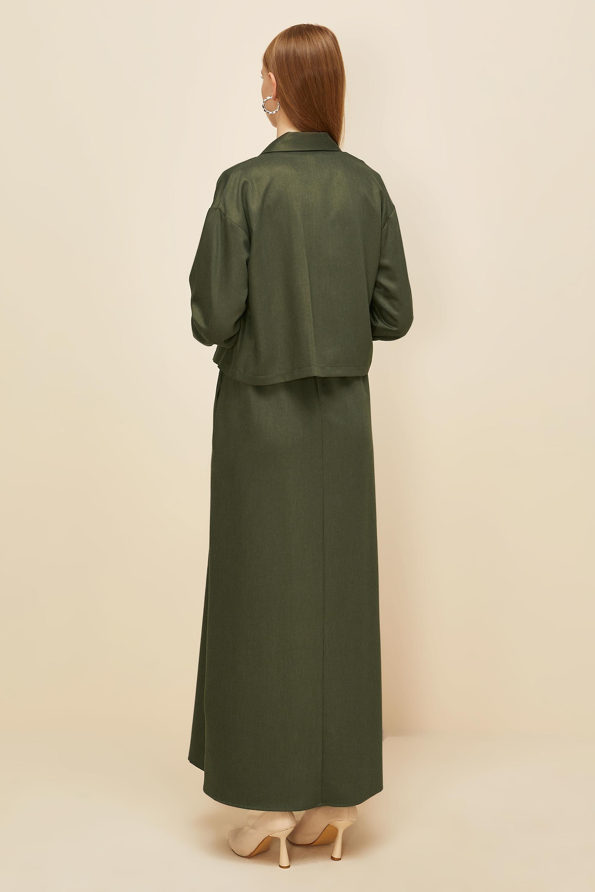 Tesettür giyim HAKİ CEKETLİ KEMERLİ ELBİSELİ TAKIM 46030