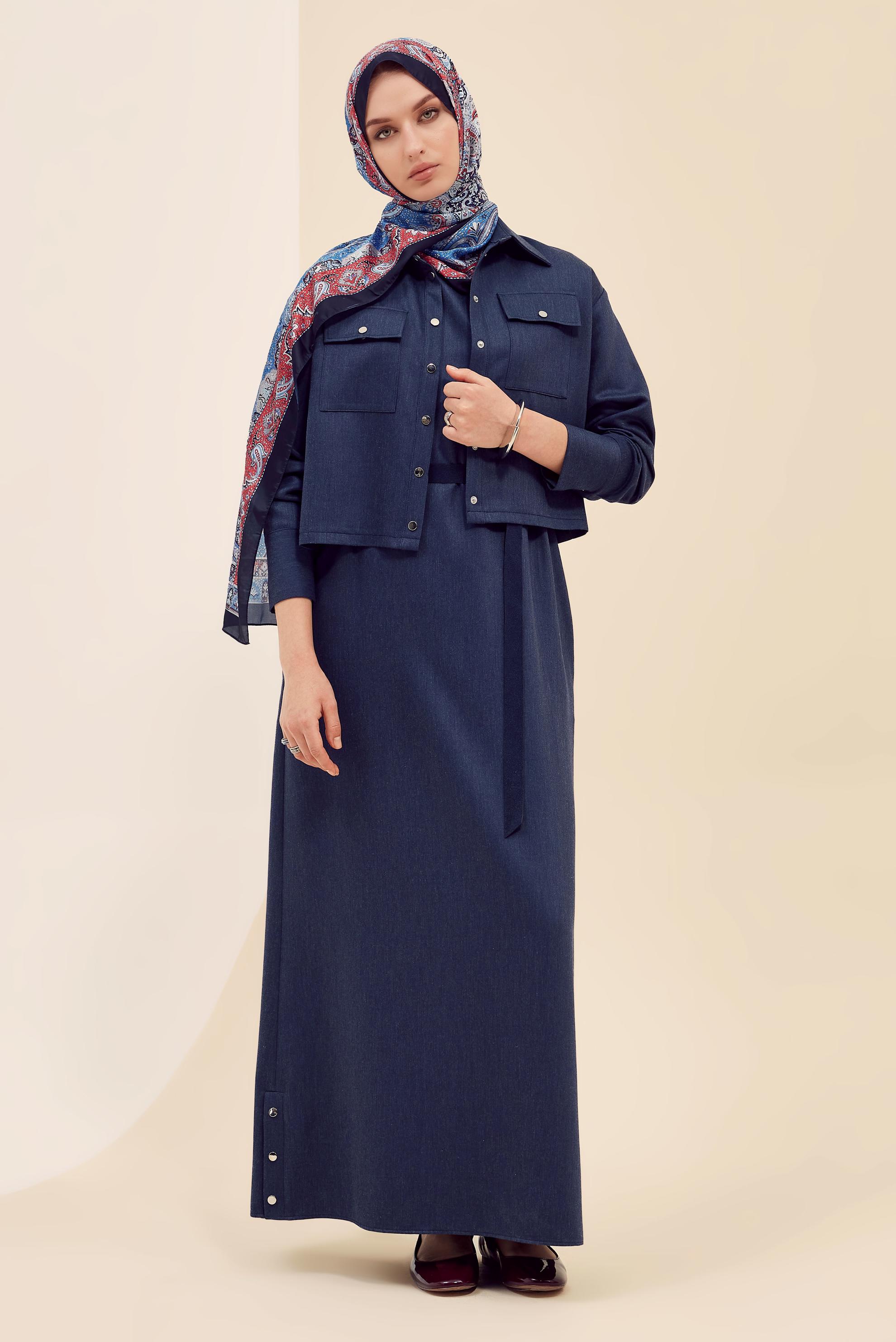 Tesettür giyim LACİVERT CEKETLİ KEMERLİ ELBİSELİ TAKIM 46030