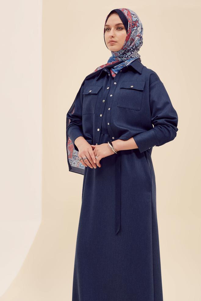 Hijab clothing NAVY BLUE JACKET WITH BELTED DRESS SUIT 46030 - ALVİNA
