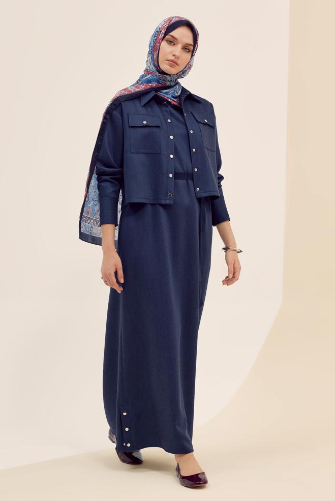 Hijab clothing NAVY BLUE JACKET WITH BELTED DRESS SUIT 46030 - ALVİNA