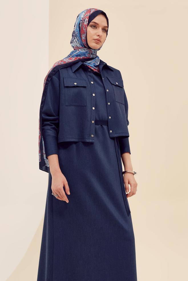 Hijab clothing NAVY BLUE JACKET WITH BELTED DRESS SUIT 46030 - ALVİNA