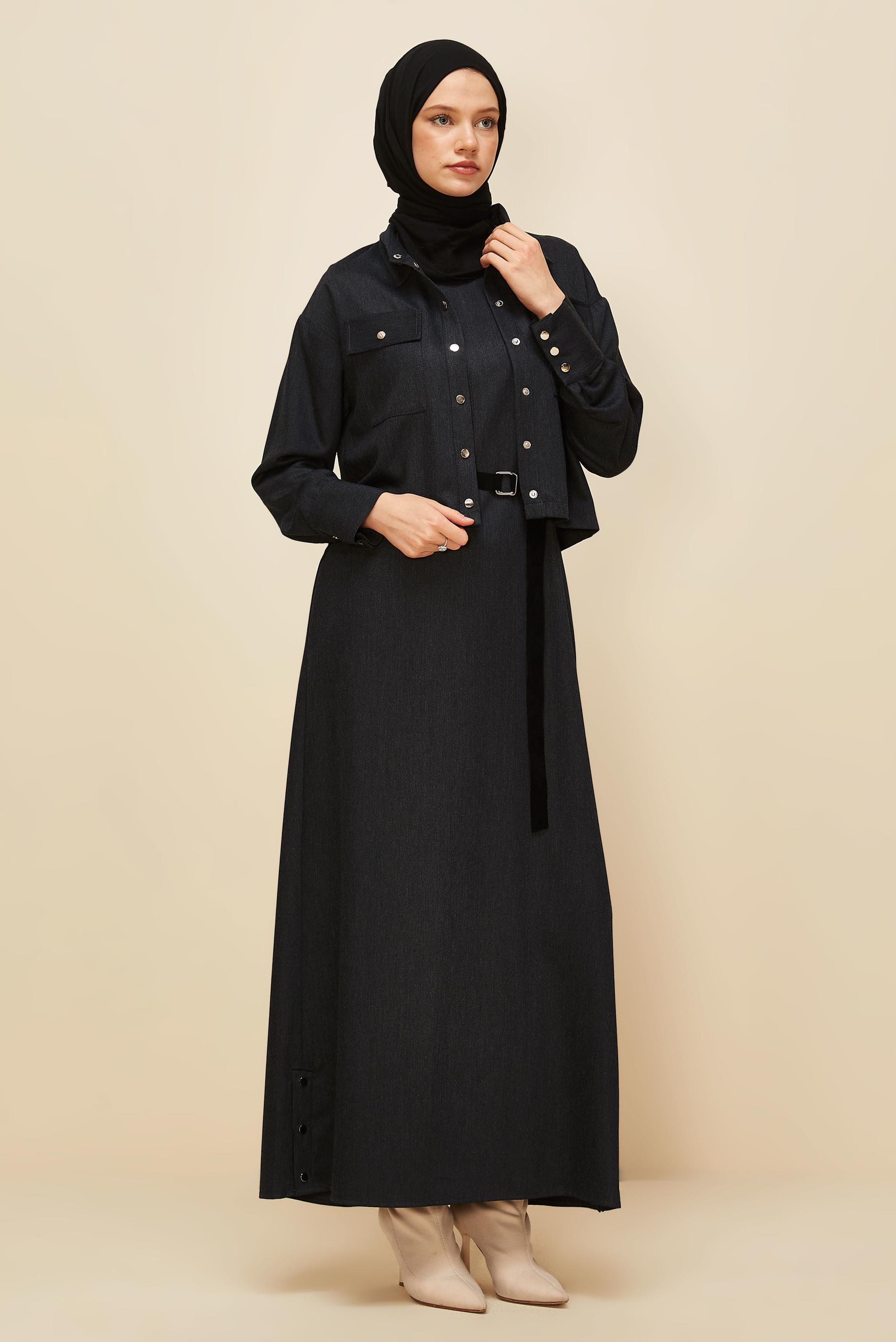 Tesettür giyim GRİ CEKETLİ KEMERLİ ELBİSELİ TAKIM 46030