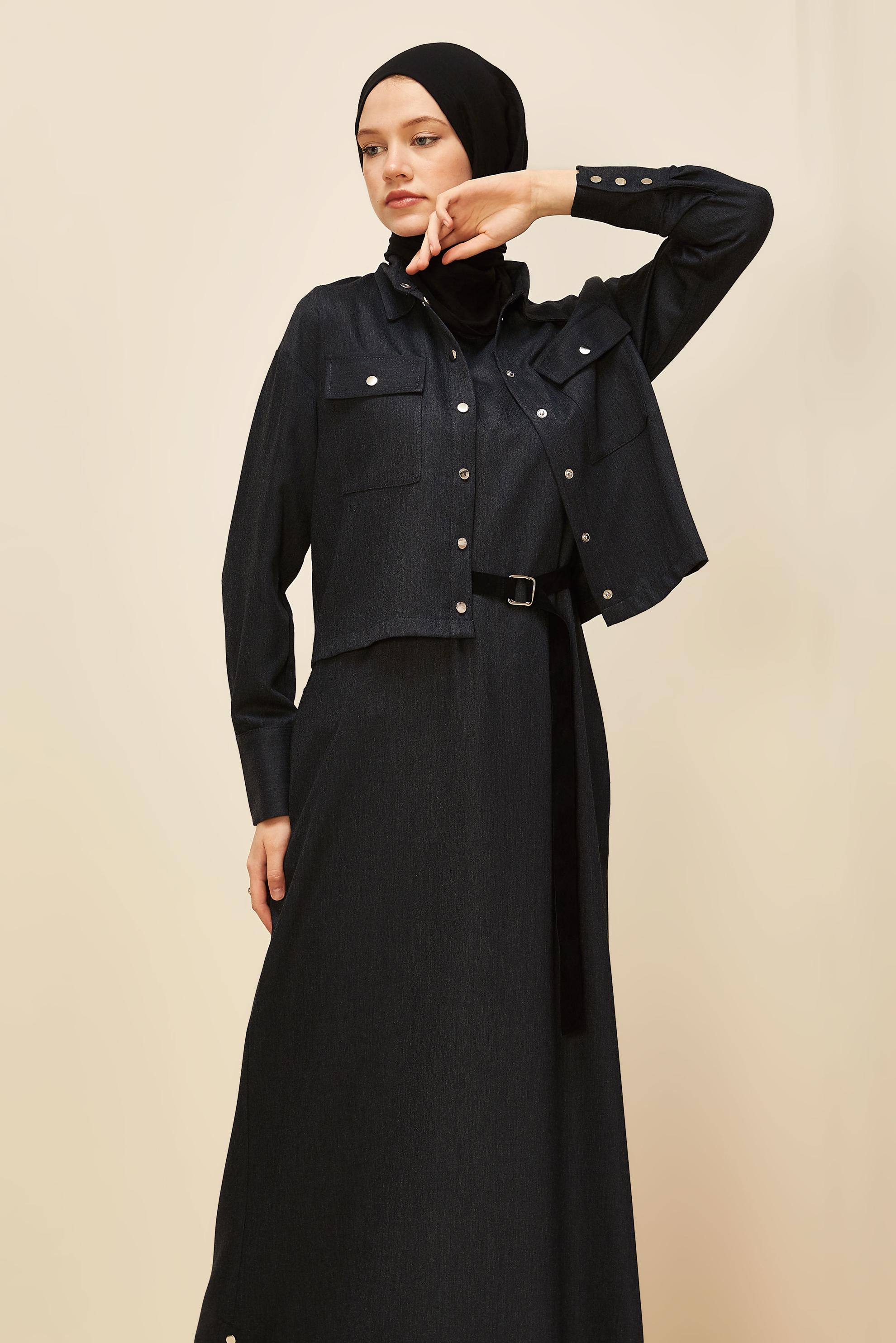 Tesettür giyim GRİ CEKETLİ KEMERLİ ELBİSELİ TAKIM 46030