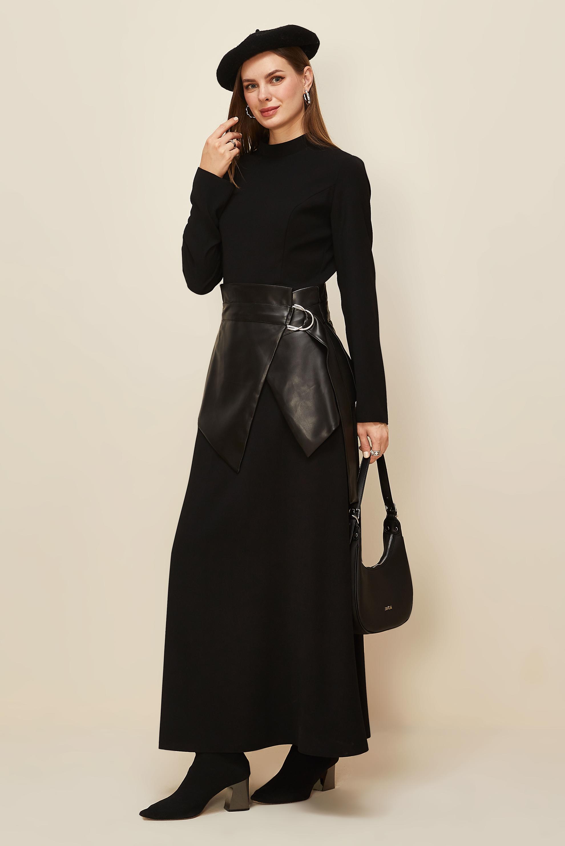 Tesettür giyim SİYAH DERİ DETAYLI ELBİSE 46031