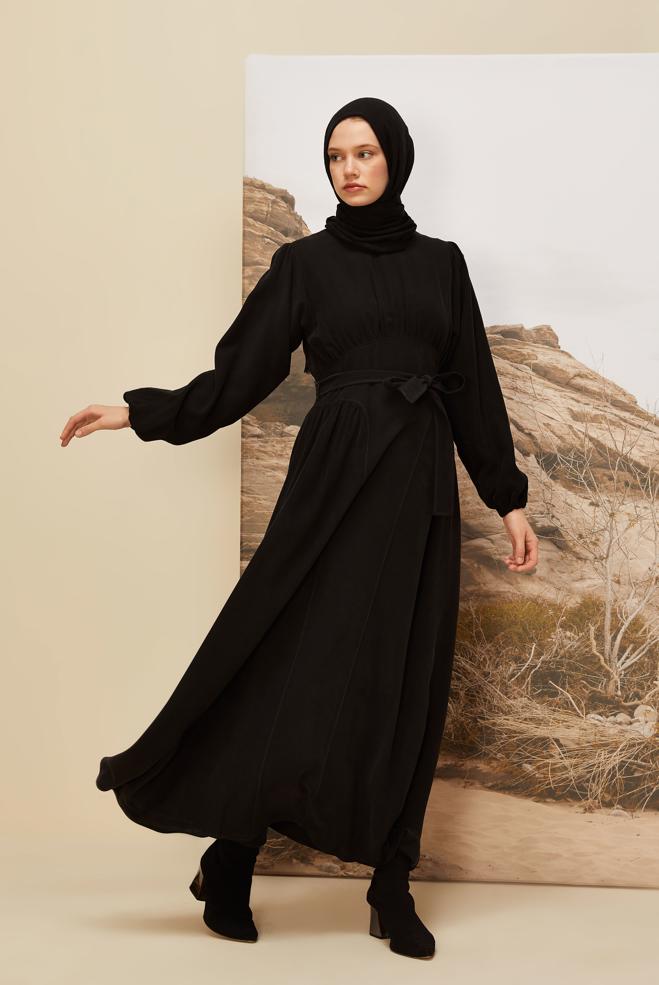 Vêtements hijab NOIR ROBE CEINTURÉE 46047 - ALVİNA