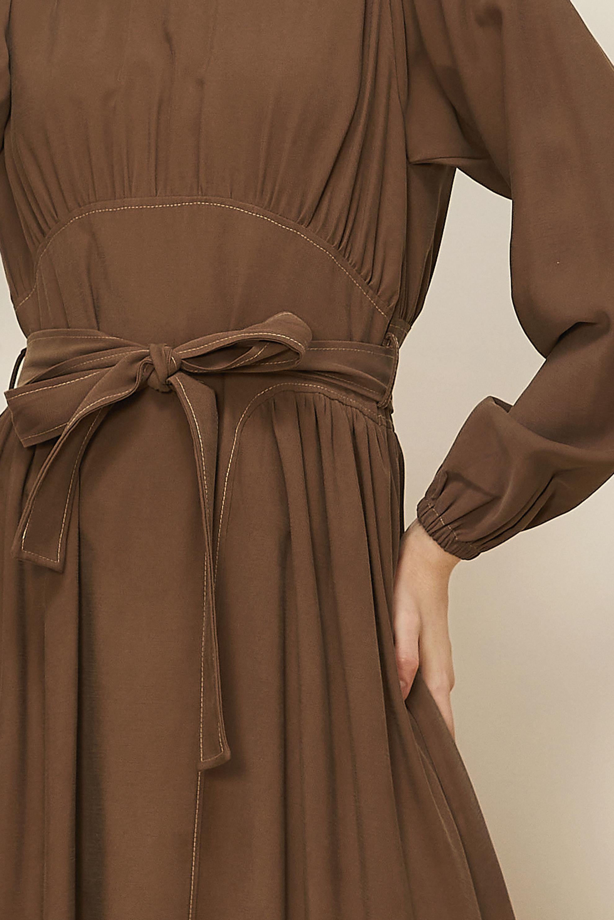 Tesettür giyim KAHVE KUŞAKLI ELBİSE 46047