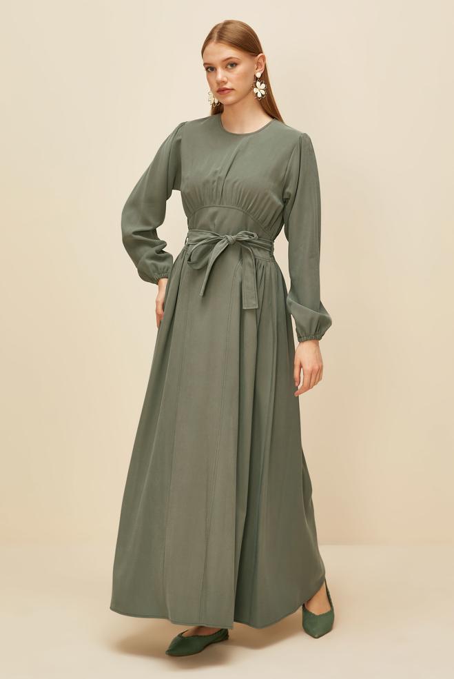 Hijab clothing KHAKI BELTED DRESS 46047 - ALVİNA
