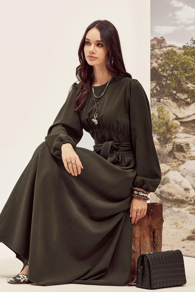 Vêtements hijab BRUN ROBE CEINTURÉE 46047 - ALVİNA