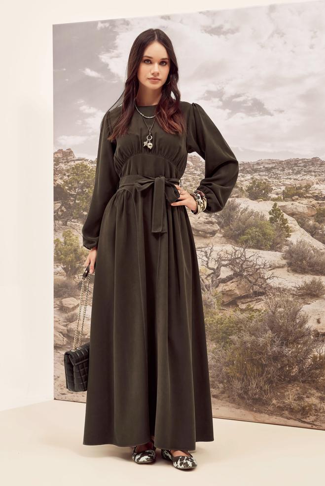 Vêtements hijab BRUN ROBE CEINTURÉE 46047 - ALVİNA