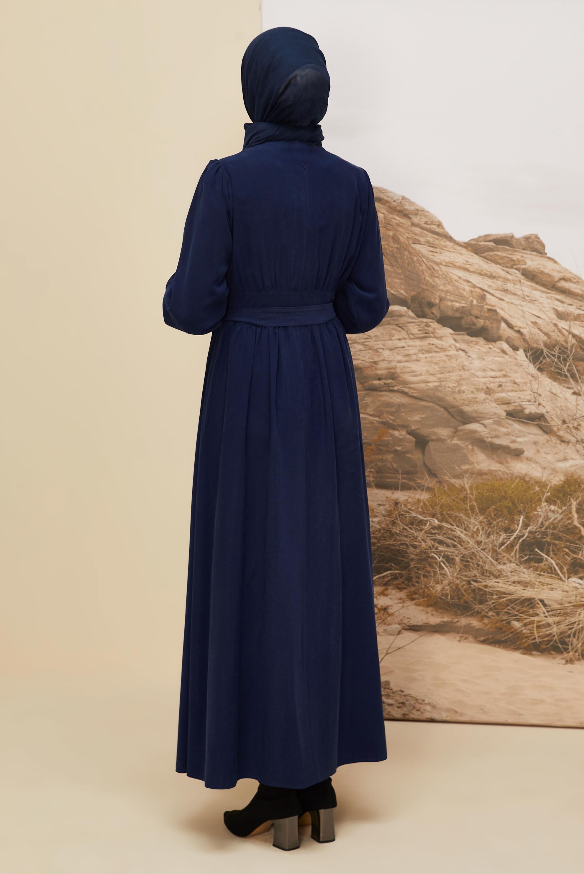 Tesettür giyim LACİVERT KUŞAKLI ELBİSE 46047