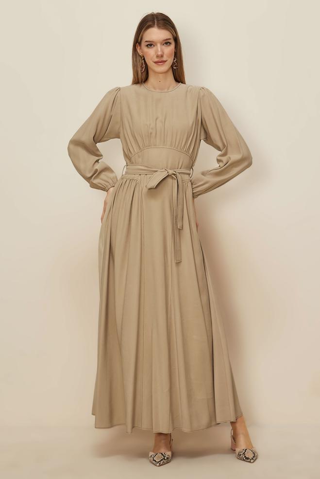 Tesettür giyim TABA KUŞAKLI ELBİSE 46047 - ALVİNA