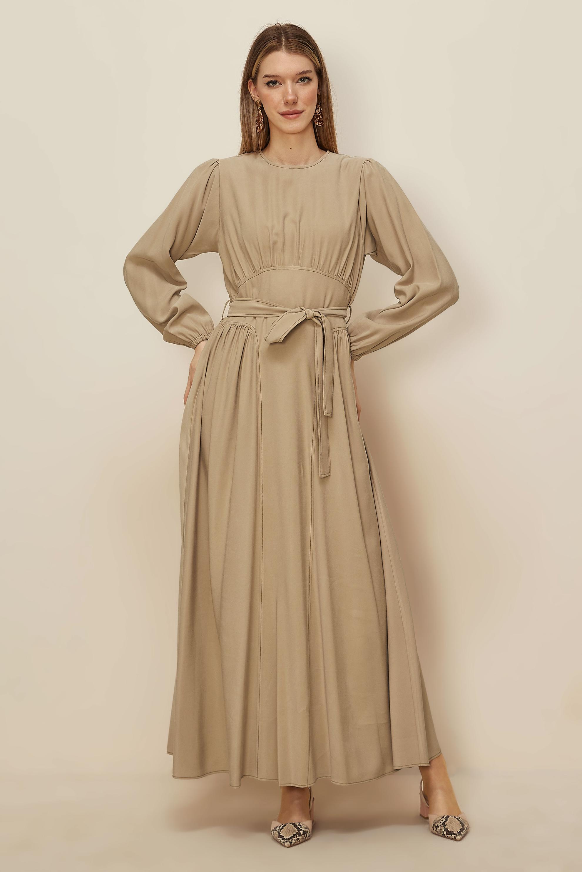 Tesettür giyim TABA KUŞAKLI ELBİSE 46047