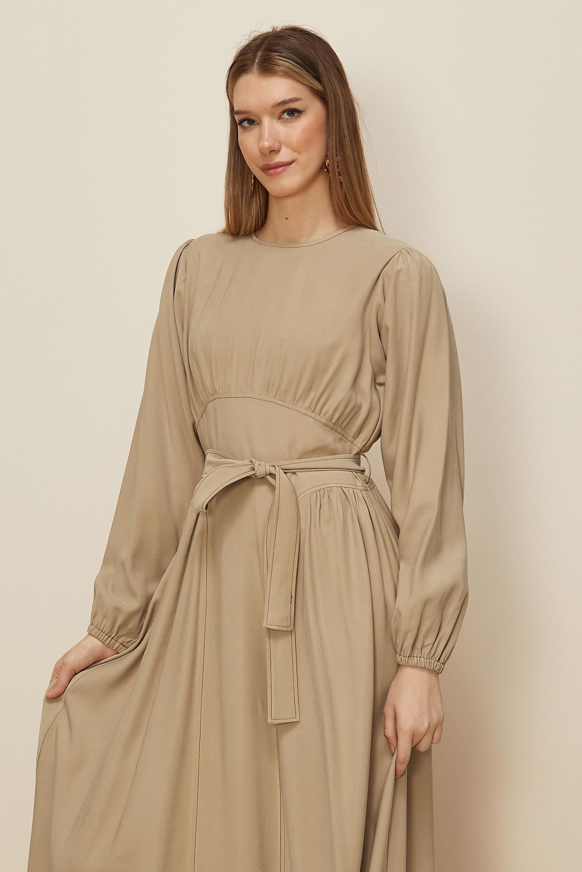 Tesettür giyim TABA KUŞAKLI ELBİSE 46047