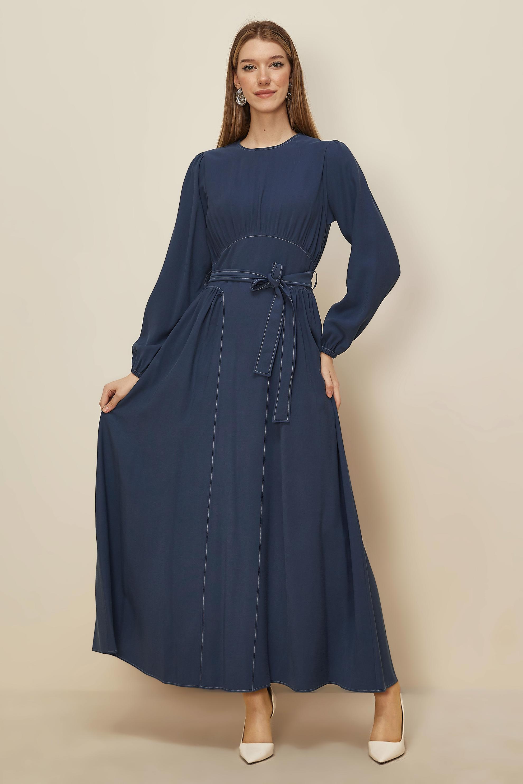 Tesettür giyim LACİVERT KUŞAKLI ELBİSE 46047