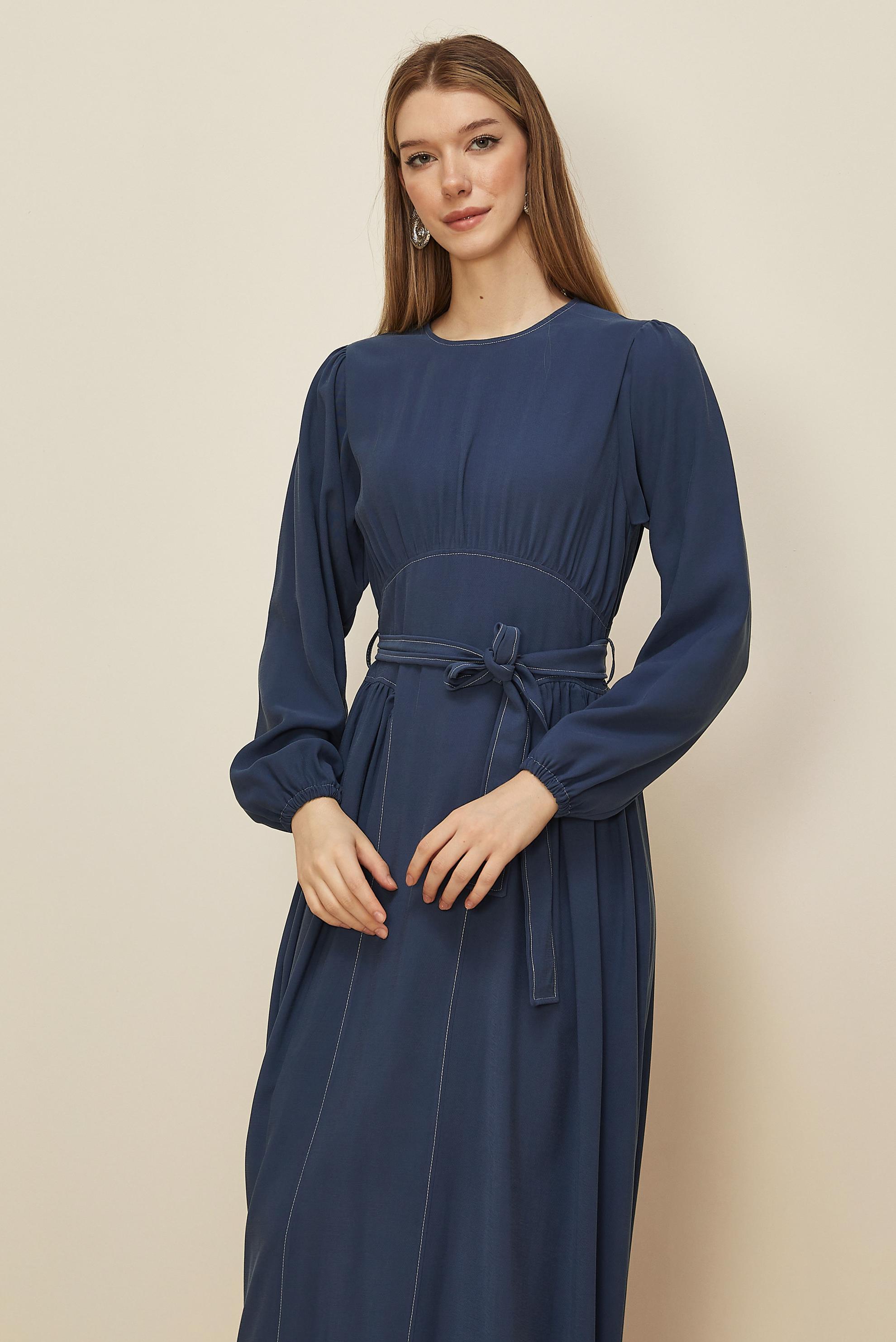 Tesettür giyim LACİVERT KUŞAKLI ELBİSE 46047
