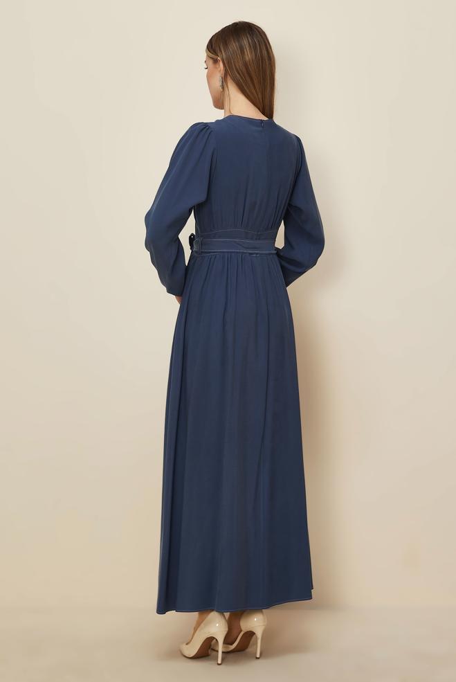 Tesettür giyim LACİVERT KUŞAKLI ELBİSE 46047 - ALVİNA