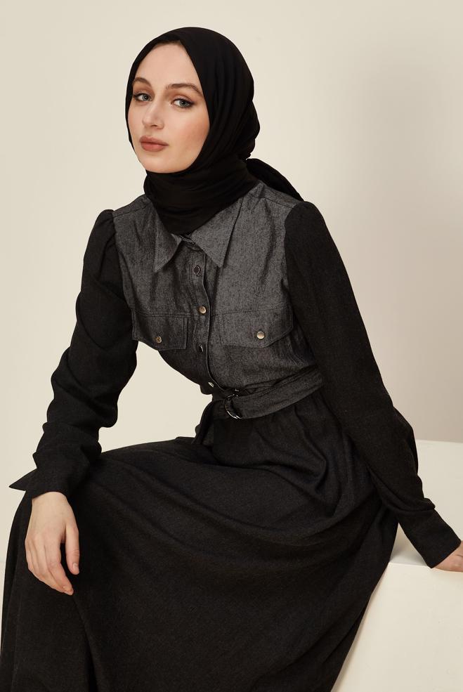 Hijab clothing BLACK BELTED SHIRT COLLAR DRESS 46052 - ALVİNA